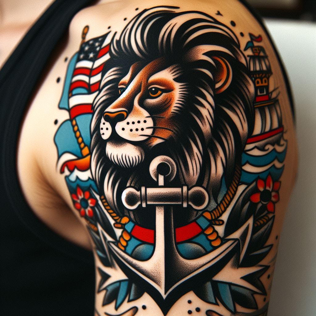 A traditional lion tattoo on the upper arm, inspired by classic sailor tattoos. The lion is depicted with a bold, black outline and filled with solid colors, featuring nautical elements like an anchor and the sea in the background. This tattoo pays homage to the heritage of tattooing while symbolizing bravery and adventure.