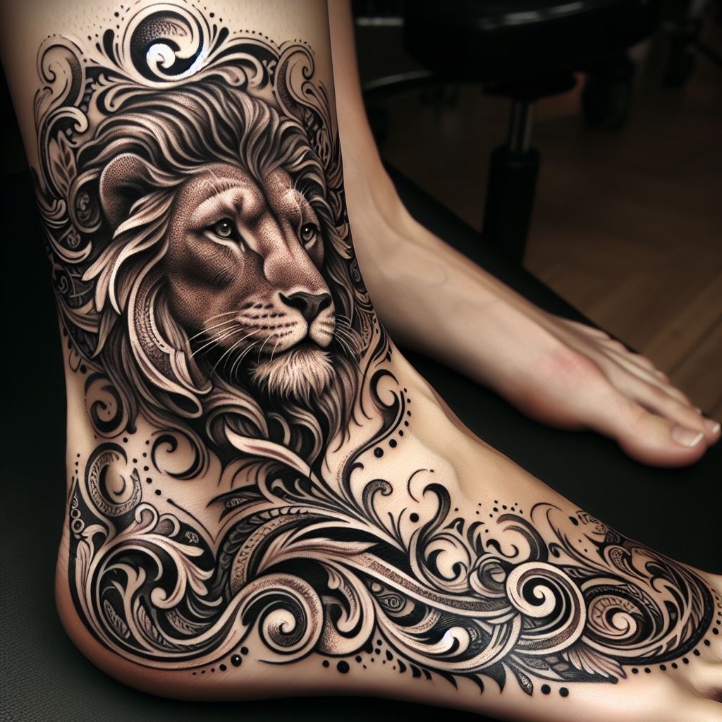 An ornamental lion tattoo encircling the ankle, designed with Baroque-style flourishes and delicate filigree. The lion's face is central, framed by ornate details that extend and wrap gracefully around the leg. This tattoo combines elegance with strength, making it a sophisticated and symbolic choice.