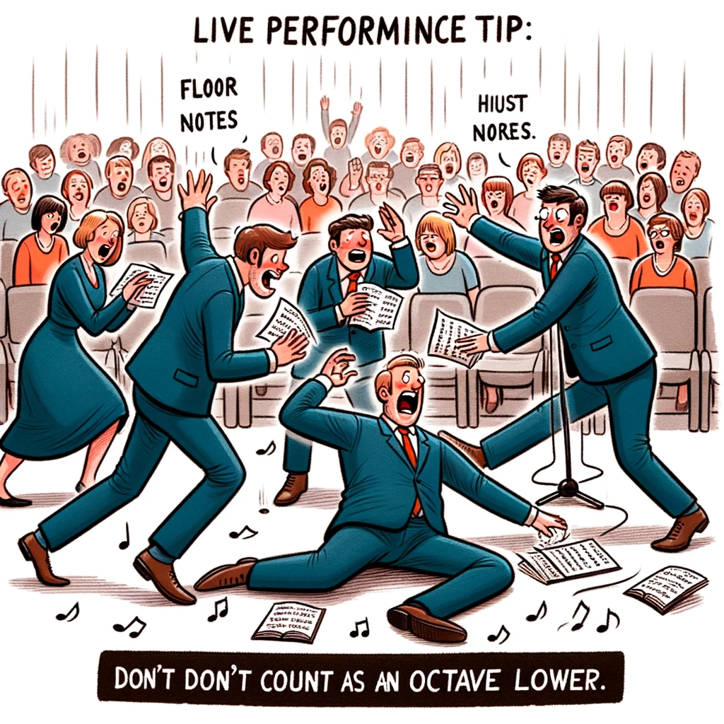 An amusing image of a choir member accidentally dropping their sheet music and scrambling to pick it up mid-performance, with other members trying not to laugh. The caption says, "Live performance tip: Floor notes don't count as an octave lower."