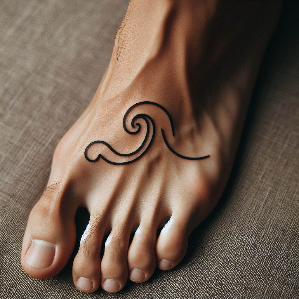 A simple, stylized wave outline tattooed along the side of the foot, from the toe to the ankle. The wave should have a smooth, flowing line that captures the essence of movement and change. This minimalist design is perfect for those who have a deep connection with the ocean or appreciate its vastness and beauty.