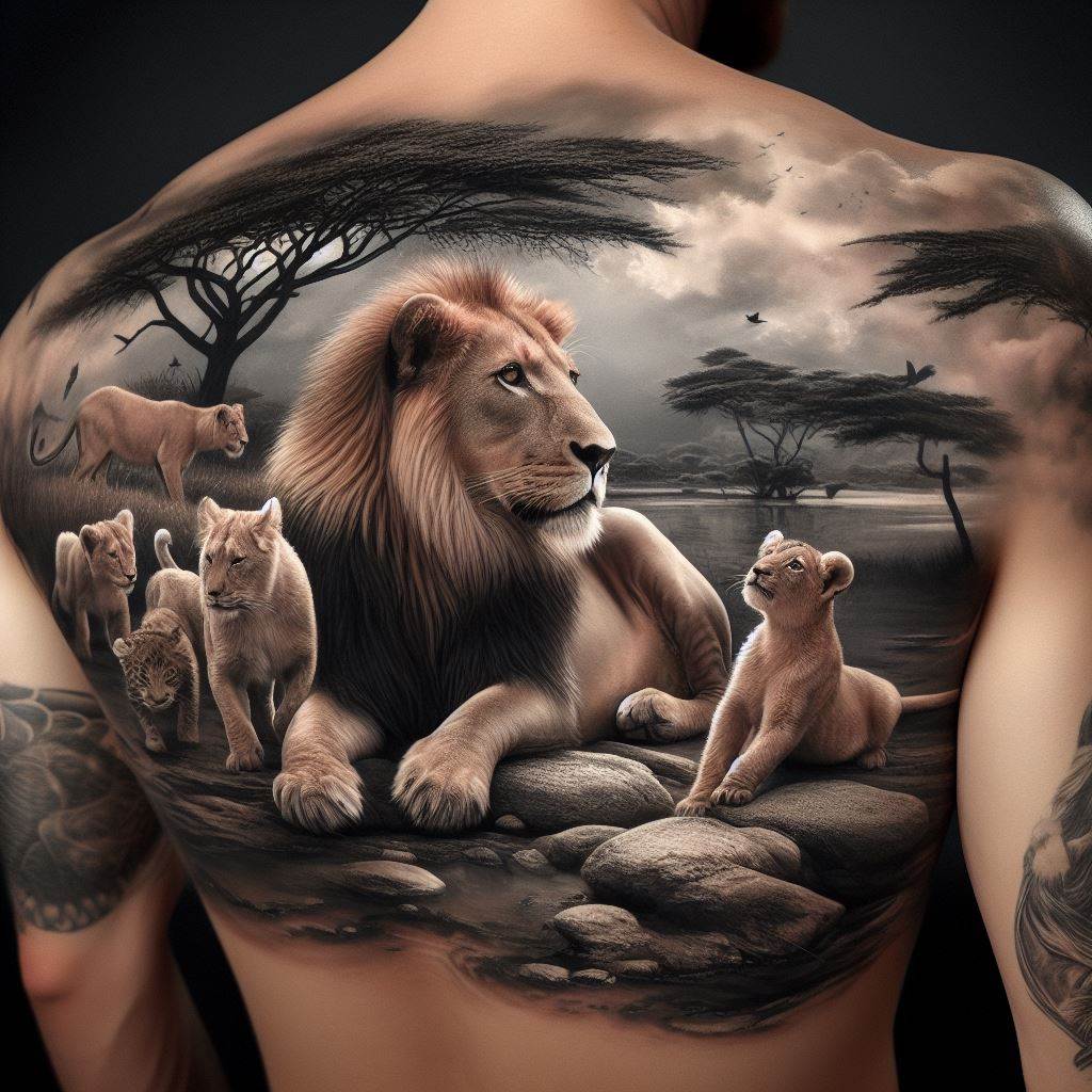 A photorealistic lion tattoo covering the entire back, showcasing a pride of lions in their natural habitat. The scene captures a moment of tranquility, with lions resting and young cubs playing. The tattoo is a masterpiece of shading and detail, bringing the savannah to life on the skin.