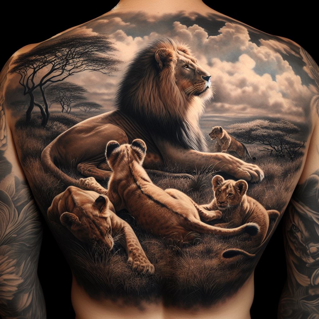 A photorealistic lion tattoo covering the entire back, showcasing a pride of lions in their natural habitat. The scene captures a moment of tranquility, with lions resting and young cubs playing. The tattoo is a masterpiece of shading and detail, bringing the savannah to life on the skin.