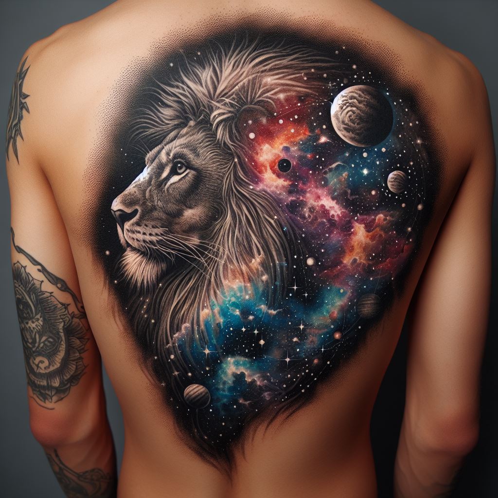 An imaginative lion tattoo situated on the side of the body, blending the lion with elements of space and the cosmos. The mane transforms into a galaxy filled with stars, planets, and nebulae, symbolizing the lion's role as a universal symbol of authority and power. This tattoo merges the earthly with the celestial, offering a unique and profound perspective.