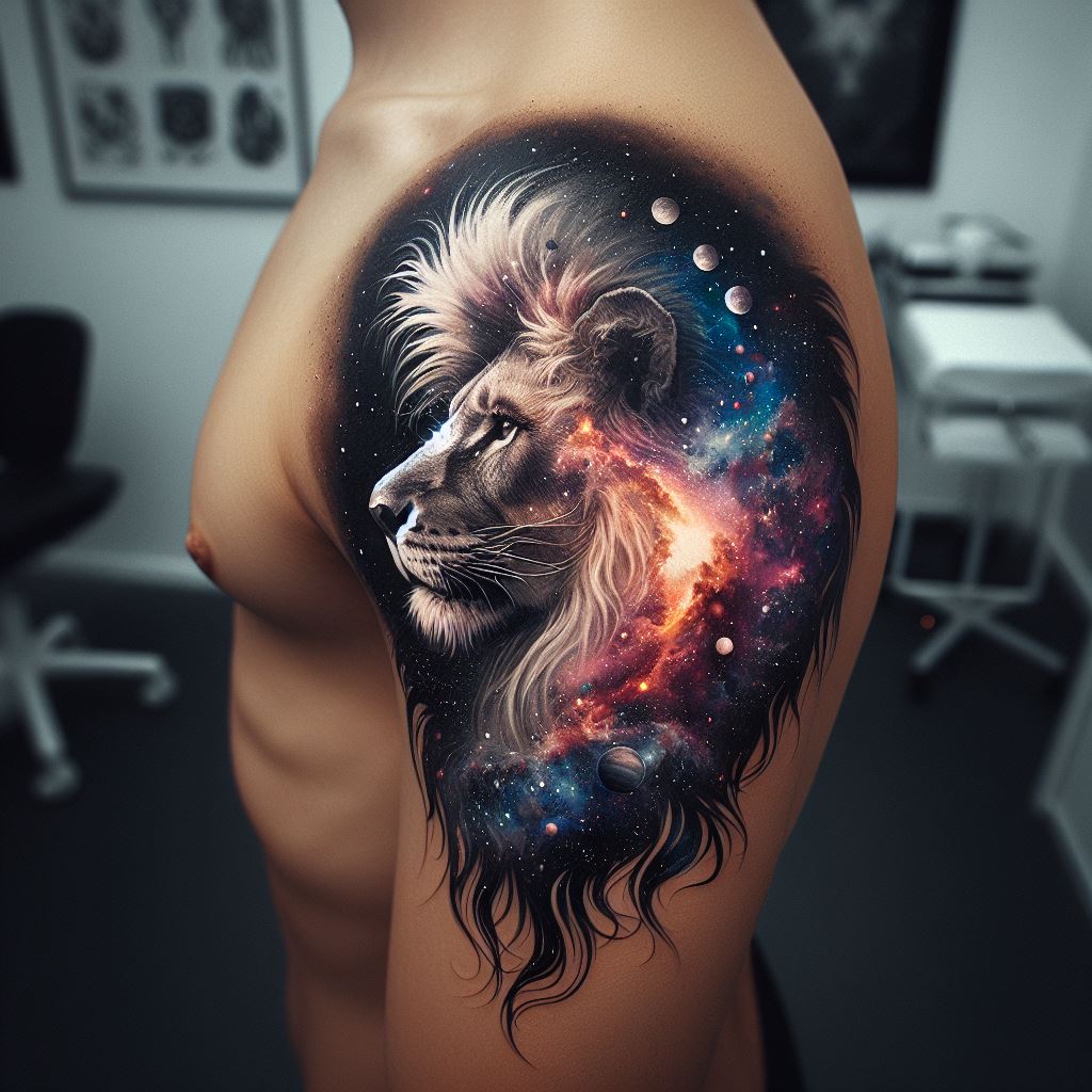 An imaginative lion tattoo situated on the side of the body, blending the lion with elements of space and the cosmos. The mane transforms into a galaxy filled with stars, planets, and nebulae, symbolizing the lion's role as a universal symbol of authority and power. This tattoo merges the earthly with the celestial, offering a unique and profound perspective.