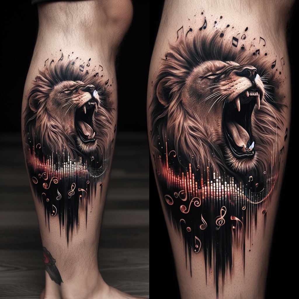 A captivating lion tattoo on the calf, featuring a lion in mid-roar, with sound waves emanating from its mouth. These waves transform into a variety of musical notes and symbols, symbolizing the power of voice and expression. The tattoo blends realism with abstract elements, creating a visually stunning representation of sound and fury.