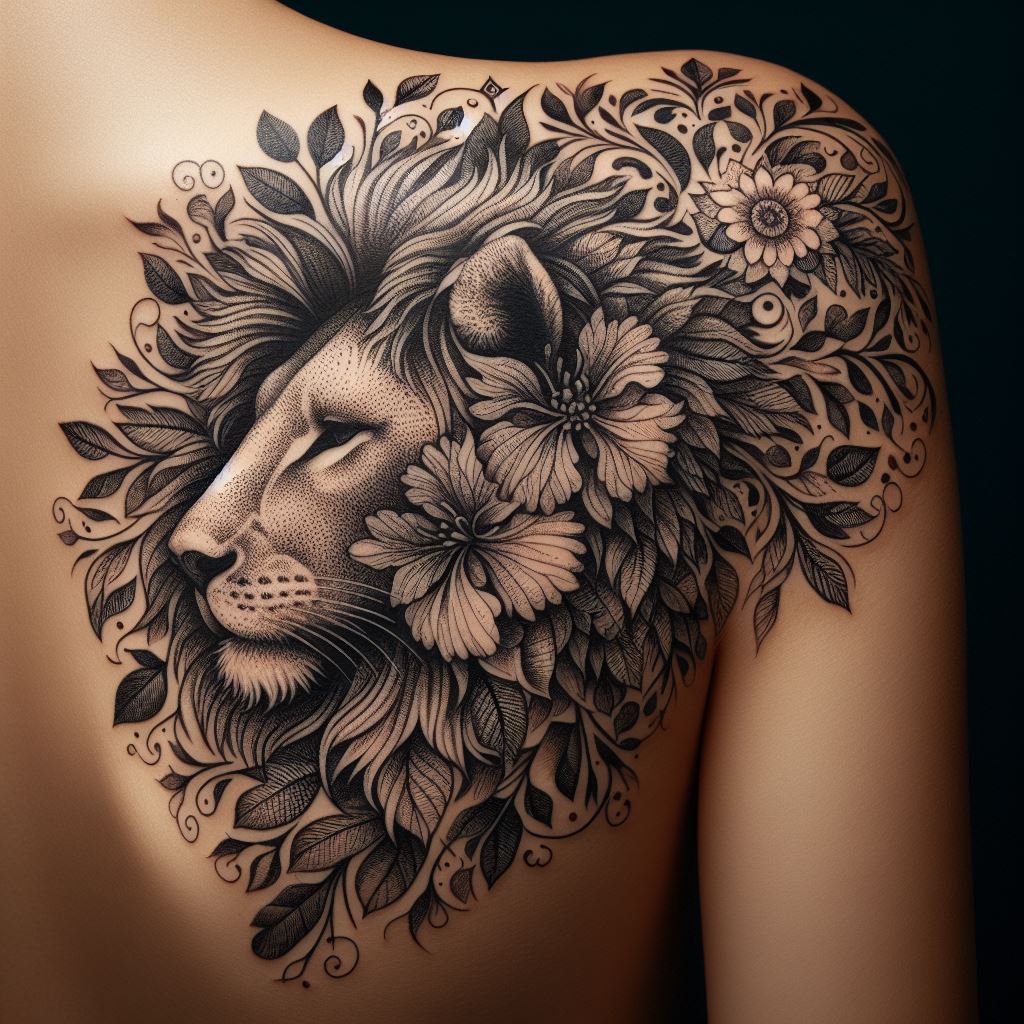 An intricate lion tattoo on the shoulder blade, where the lion is composed entirely of fine floral and botanical motifs. Each petal, leaf, and stem is carefully crafted to form the shape of the lion, symbolizing growth, beauty, and the natural world. This tattoo offers a unique, delicate take on the strength and majesty of the lion.