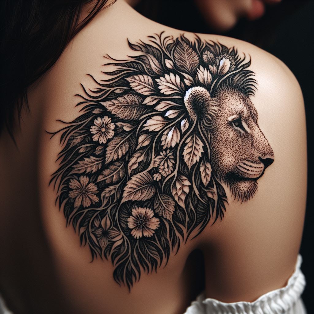 An intricate lion tattoo on the shoulder blade, where the lion is composed entirely of fine floral and botanical motifs. Each petal, leaf, and stem is carefully crafted to form the shape of the lion, symbolizing growth, beauty, and the natural world. This tattoo offers a unique, delicate take on the strength and majesty of the lion.