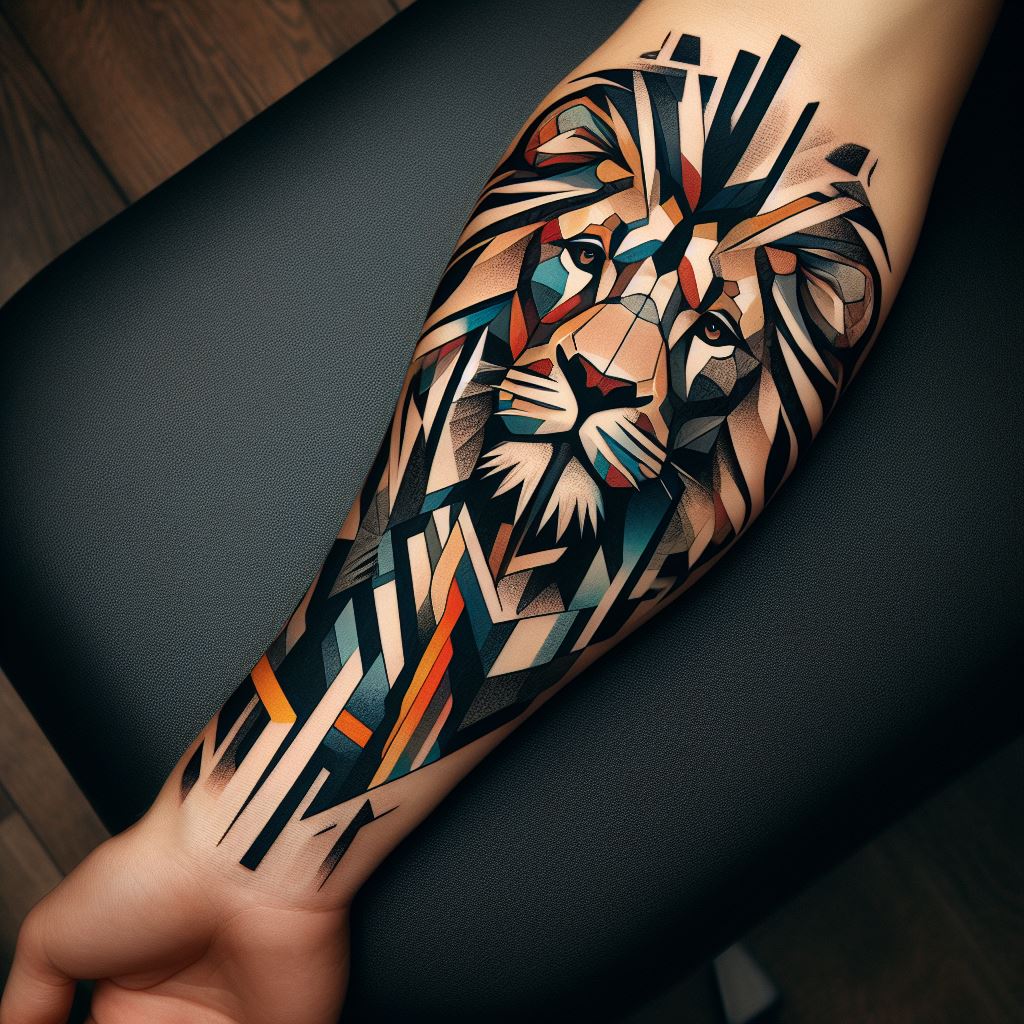 An artistic lion tattoo on the forearm, designed in the style of abstract cubism. The lion's form is broken into geometric shapes and planes, with bold lines and contrasting colors that create a fragmented, yet cohesive image. This tattoo merges the ferocity of a lion with the avant-garde, challenging traditional perceptions of art and symbolism.