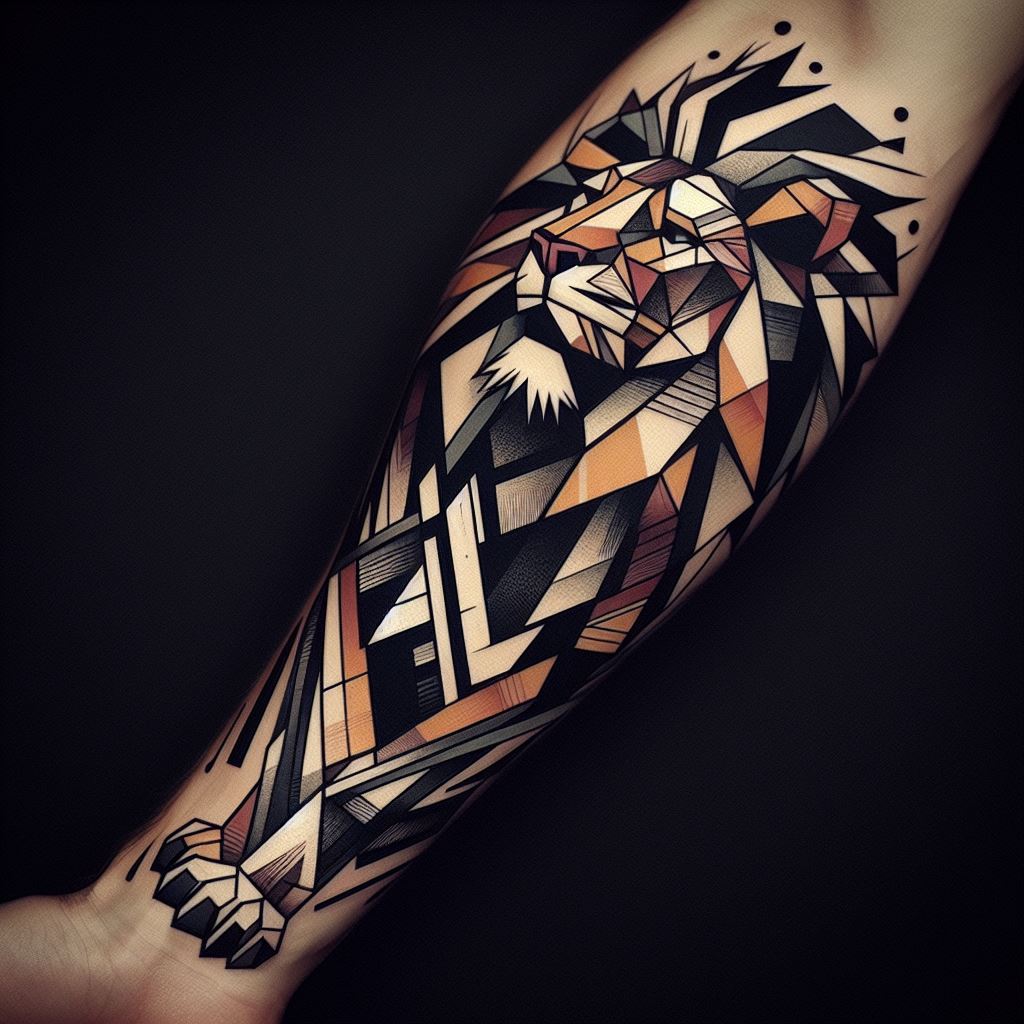 An artistic lion tattoo on the forearm, designed in the style of abstract cubism. The lion's form is broken into geometric shapes and planes, with bold lines and contrasting colors that create a fragmented, yet cohesive image. This tattoo merges the ferocity of a lion with the avant-garde, challenging traditional perceptions of art and symbolism.