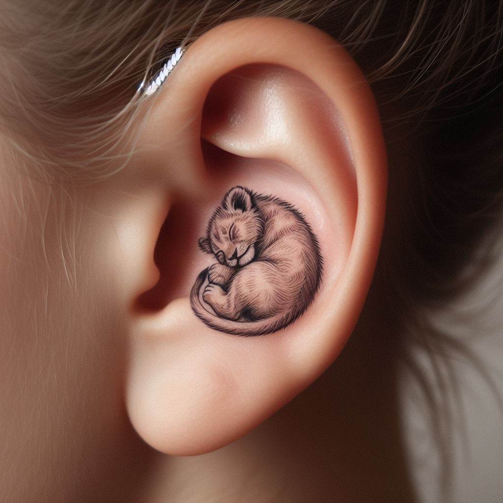 A serene lion tattoo behind the ear, depicted as a lion cub sleeping curled up. The tattoo is small and subtle, with fine lines and soft shading to capture the innocence and tranquility of the scene. This tattoo represents peace, protection, and the beginning stages of growth and development.