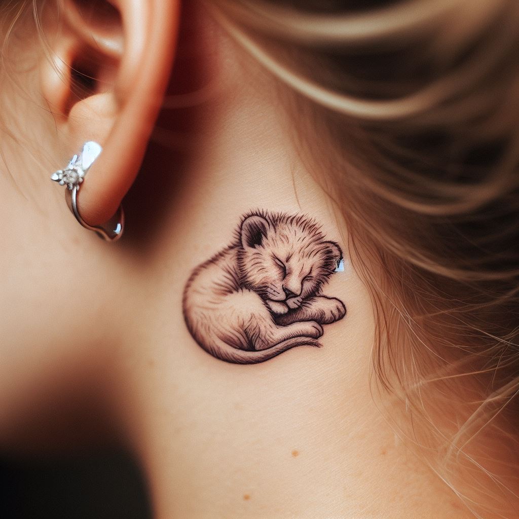 A serene lion tattoo behind the ear, depicted as a lion cub sleeping curled up. The tattoo is small and subtle, with fine lines and soft shading to capture the innocence and tranquility of the scene. This tattoo represents peace, protection, and the beginning stages of growth and development.