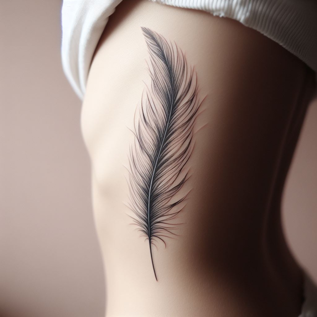 A minimalist, finely-detailed feather placed vertically along the side of the ribcage. The feather should appear light and airy, with each strand delicately rendered to give a sense of softness and freedom. This tattoo symbolizes freedom, travel, and the ability to move freely through life.
