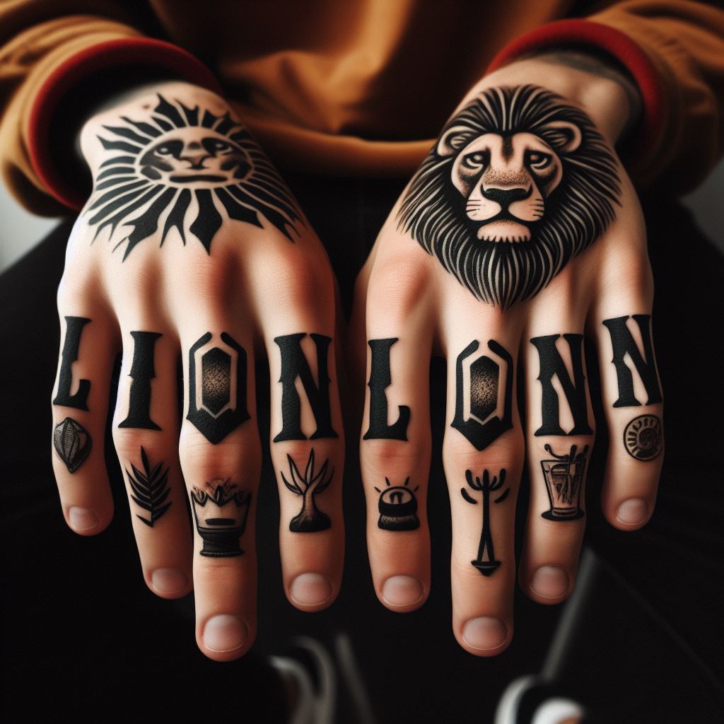 A lion tattoo across the knuckles, with each letter of the word 'LION' spread across four fingers. Each letter is designed with elements that represent different aspects of a lion’s life and habitat, such as the savannah, the sun, and the pride. This tattoo is bold and direct, using typography and symbolism to convey strength and leadership.