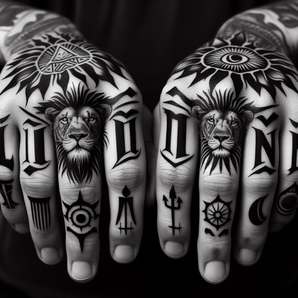 A lion tattoo across the knuckles, with each letter of the word 'LION' spread across four fingers. Each letter is designed with elements that represent different aspects of a lion’s life and habitat, such as the savannah, the sun, and the pride. This tattoo is bold and direct, using typography and symbolism to convey strength and leadership.