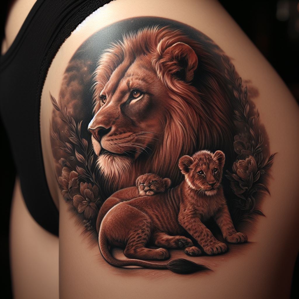 An elegant lion tattoo on the hip, depicting a lioness in a protective stance over her cubs. The tattoo focuses on the themes of motherhood, protection, and family bonds, with detailed fur texture and expressive faces that convey a deep sense of care and vigilance.