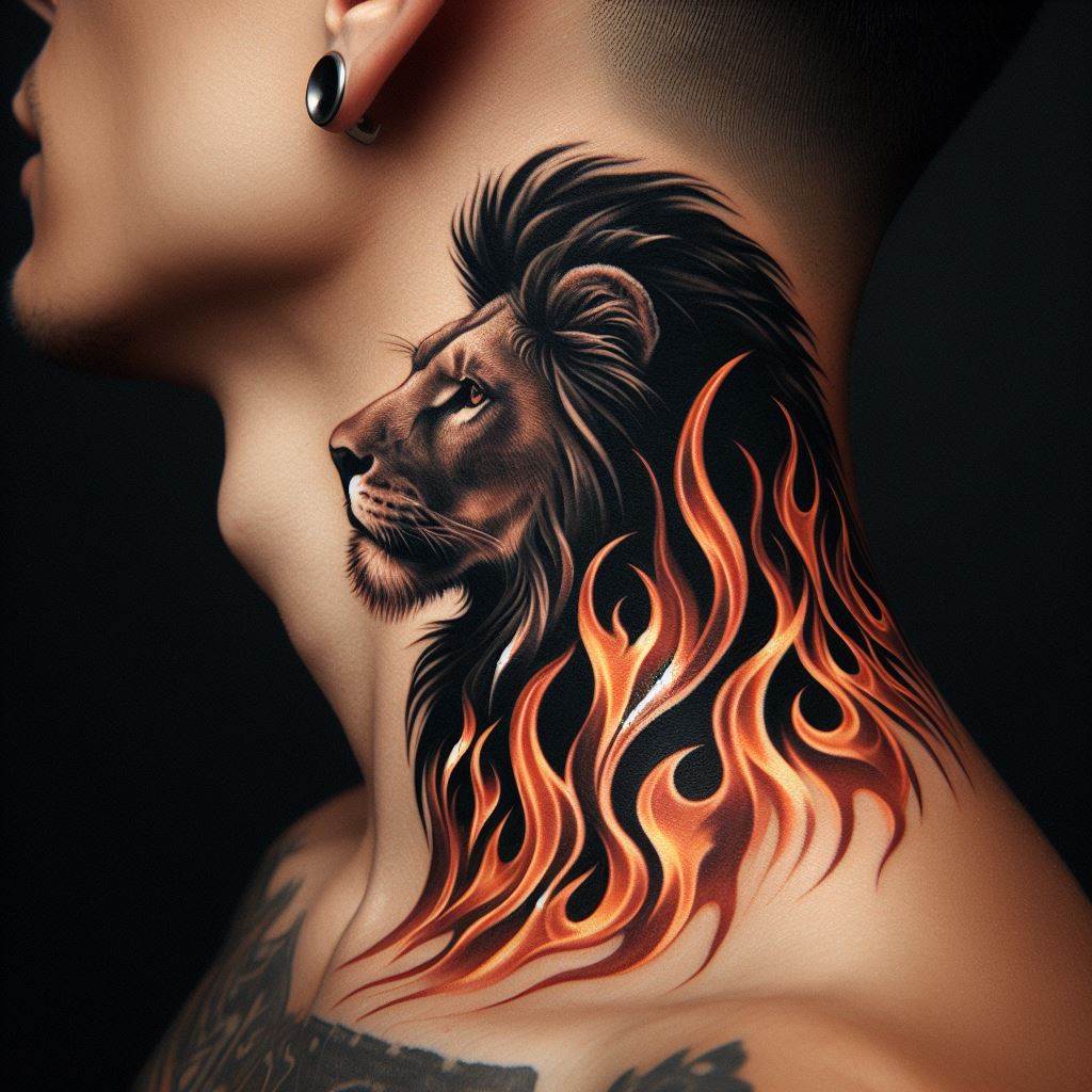 A striking lion tattoo on the neck, where the lion's mane flows upwards and transitions into flames. This tattoo symbolizes transformation and rebirth, with the fire representing purification and the lion's unwavering strength. The placement on the neck makes a bold statement of resilience and power.