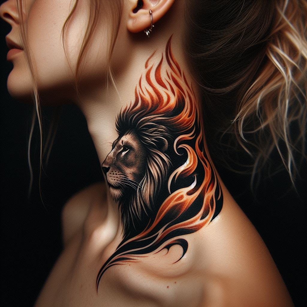 A striking lion tattoo on the neck, where the lion's mane flows upwards and transitions into flames. This tattoo symbolizes transformation and rebirth, with the fire representing purification and the lion's unwavering strength. The placement on the neck makes a bold statement of resilience and power.