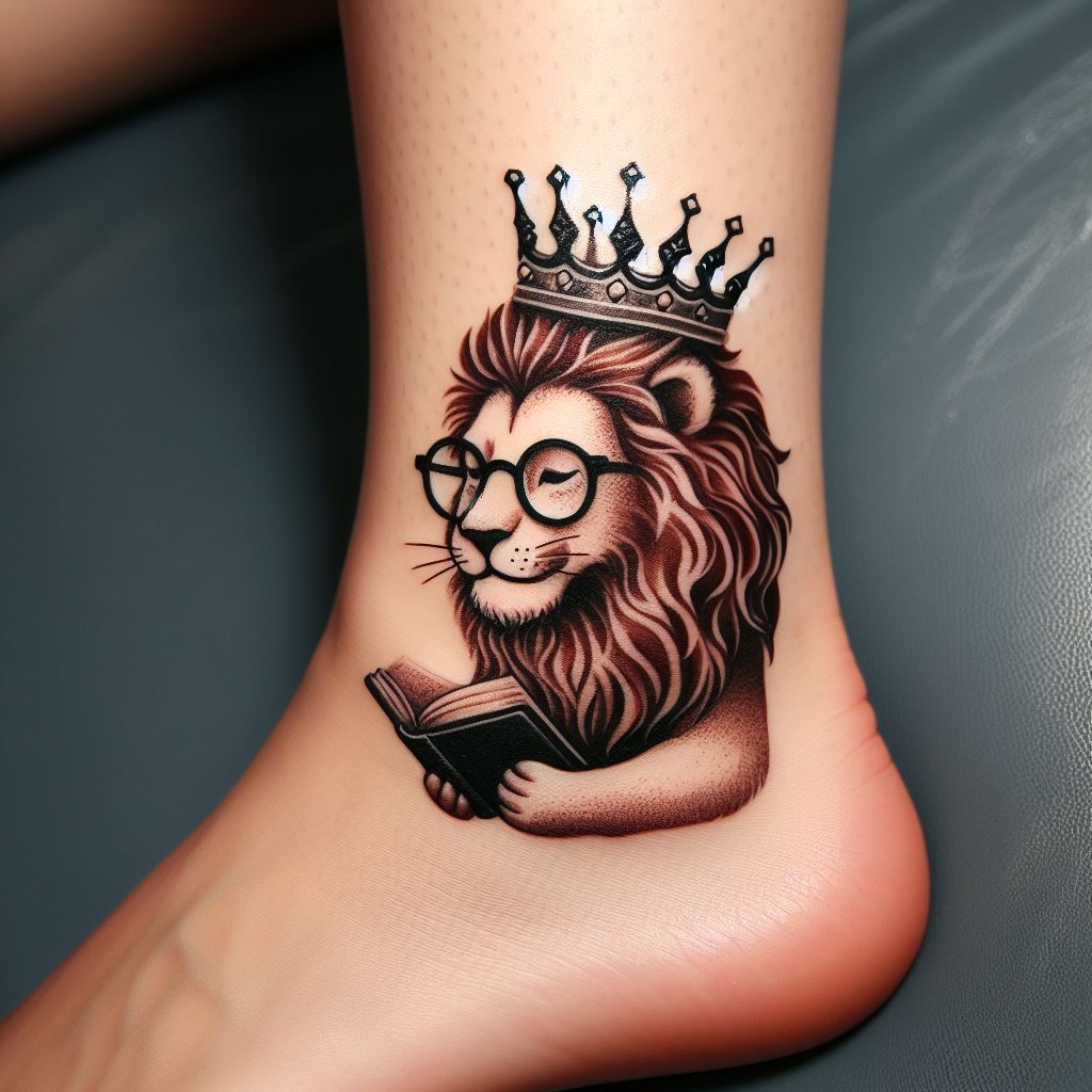 A whimsical lion tattoo on the ankle, where the lion is portrayed wearing a crown and glasses, reading a book. This tattoo combines the traditional symbolism of the lion with a playful, intellectual twist, celebrating wisdom, knowledge, and a love for learning.
