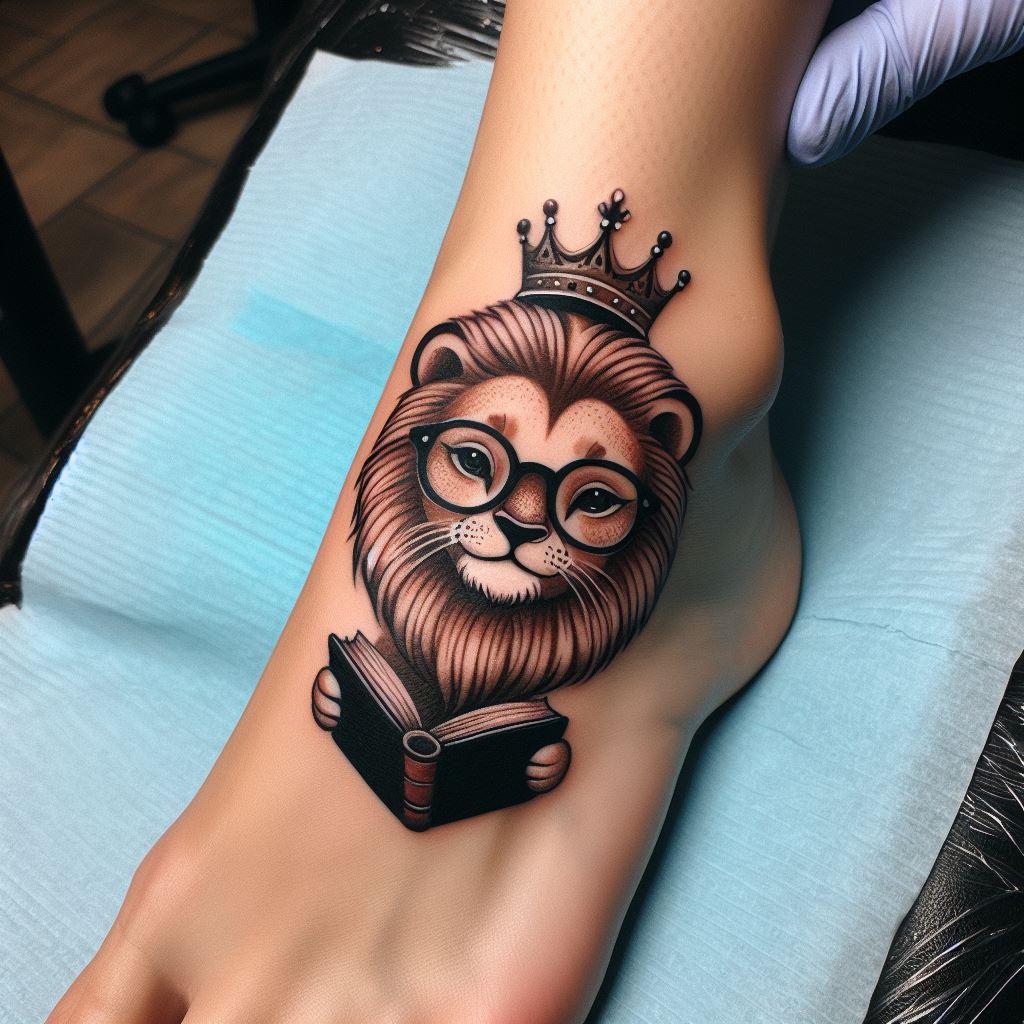 A whimsical lion tattoo on the ankle, where the lion is portrayed wearing a crown and glasses, reading a book. This tattoo combines the traditional symbolism of the lion with a playful, intellectual twist, celebrating wisdom, knowledge, and a love for learning.