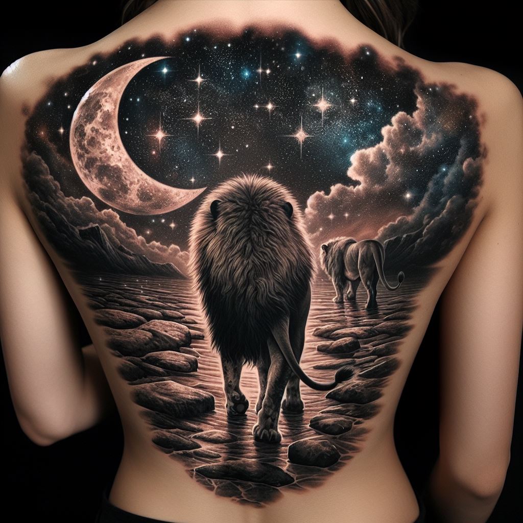 A breathtaking lion tattoo across the full length of the spine, depicting the lion walking down a rocky path under a starlit sky. The tattoo captures a sense of adventure and the journey of life, with the stars illuminating the path ahead. The detailed landscape and celestial elements create a stunning backdrop for the majestic lion, symbolizing guidance, exploration, and the pursuit of one’s destiny.