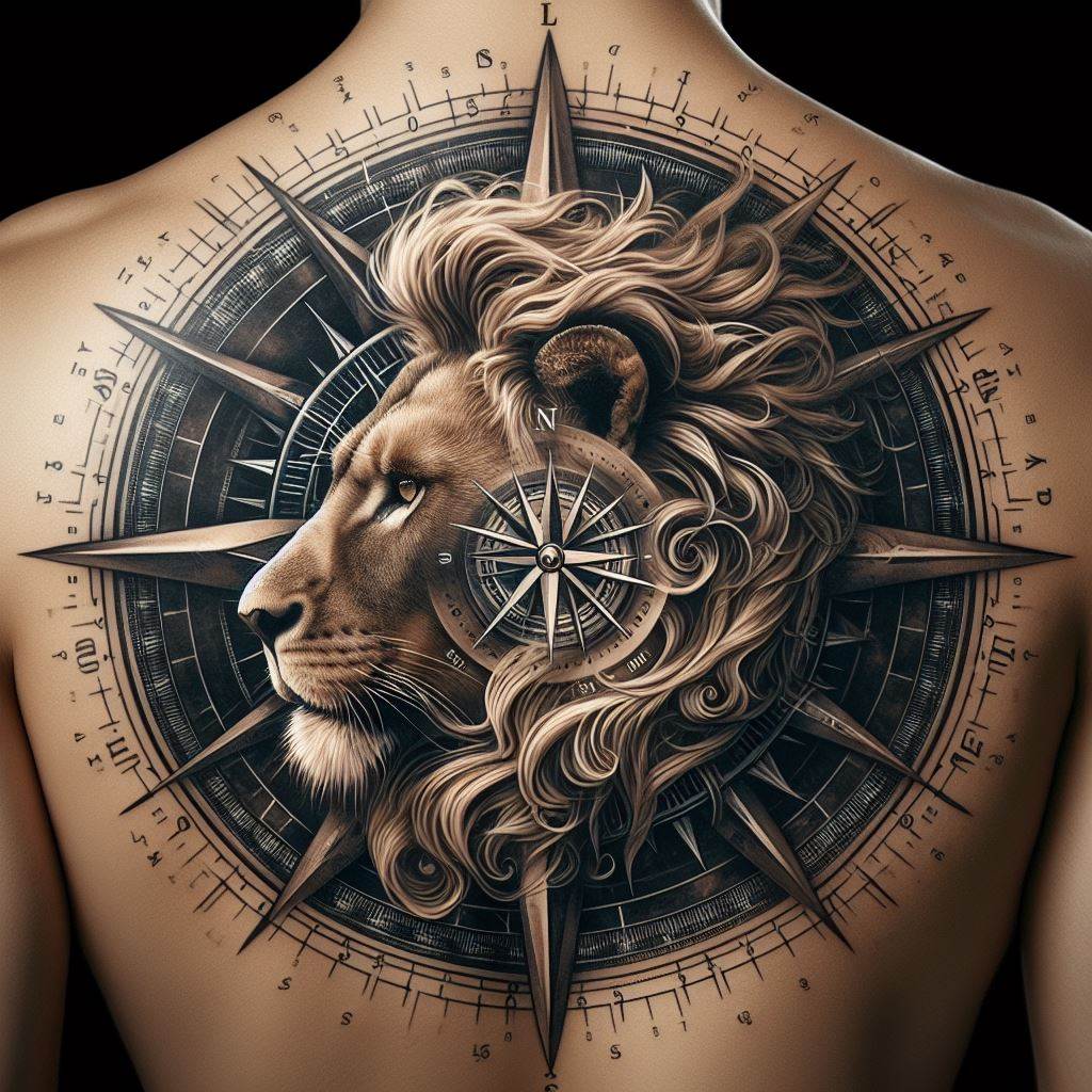 An awe-inspiring lion tattoo on the upper back, showcasing a lion’s head superimposed over a detailed compass rose. The mane of the lion blends seamlessly with the compass, symbolizing guidance, direction, and the lion's role as a navigator through life's challenges. The intricate details of the compass points and the lion’s mane are rendered with precision, highlighting the journey and exploration themes.