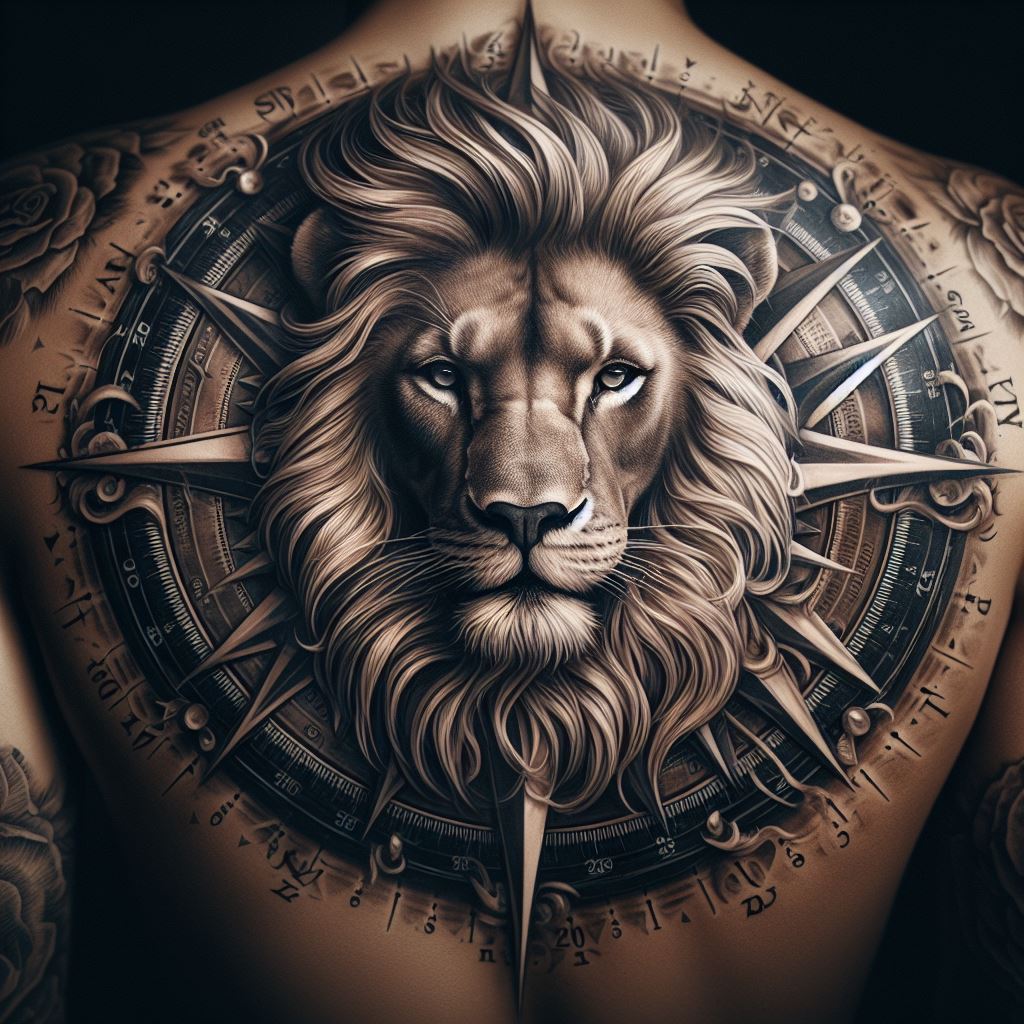An awe-inspiring lion tattoo on the upper back, showcasing a lion’s head superimposed over a detailed compass rose. The mane of the lion blends seamlessly with the compass, symbolizing guidance, direction, and the lion's role as a navigator through life's challenges. The intricate details of the compass points and the lion’s mane are rendered with precision, highlighting the journey and exploration themes.