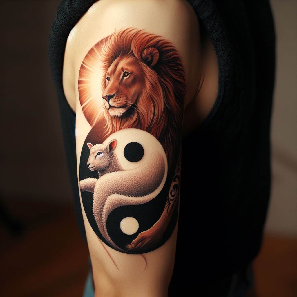 A harmonious lion tattoo on the inner arm, where the lion is depicted in a peaceful coexistence with a lamb. The design emphasizes unity, peace, and the balance of strength and gentleness. The tattoo artfully combines the two animals in a yin-yang formation, showcasing their interconnectedness and mutual respect.
