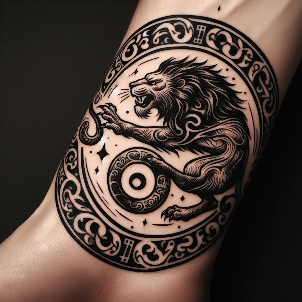 An adventurous lion tattoo encircling the wrist like a bracelet, with the lion chasing its own tail in an ouroboros design. This symbolizes eternal cycles, such as life and death or creation and destruction. The lion's body is detailed with ancient runes and symbols that add an element of mystery and deep wisdom to the tattoo.