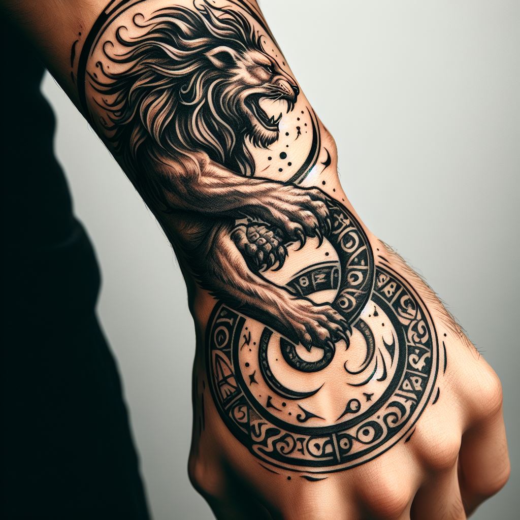 An adventurous lion tattoo encircling the wrist like a bracelet, with the lion chasing its own tail in an ouroboros design. This symbolizes eternal cycles, such as life and death or creation and destruction. The lion's body is detailed with ancient runes and symbols that add an element of mystery and deep wisdom to the tattoo.
