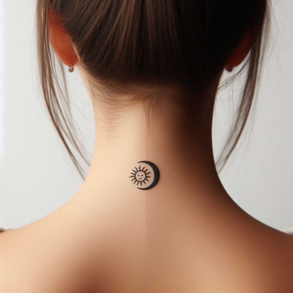A small, minimalist design featuring a crescent moon cradling a tiny sun, located at the back of the neck just below the hairline. This design symbolizes the balance between opposites, such as day and night or yin and yang, and adds a mystical element to a discreet location.