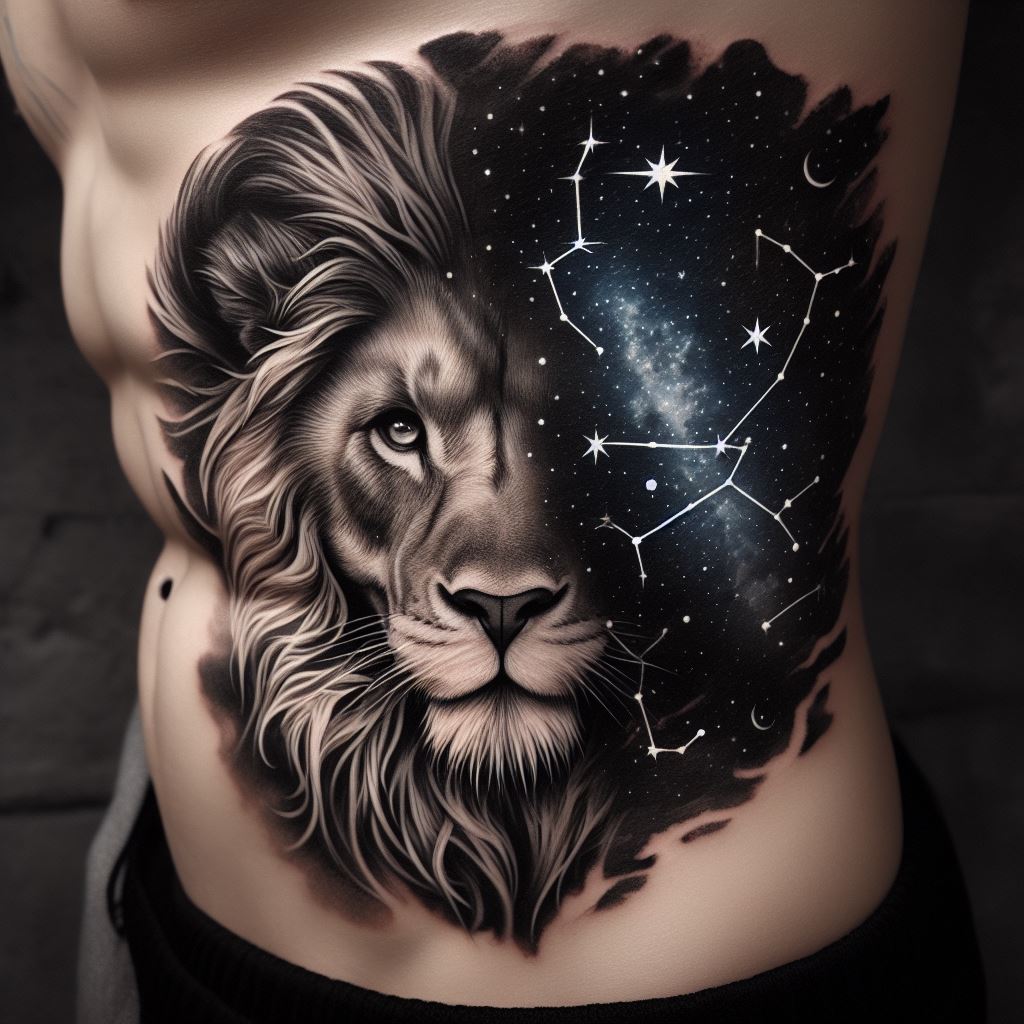 A captivating lion tattoo on the ribcage, illustrating a lion looking over its shoulder with a starry sky reflected in its eyes. The stars form constellations that hold personal significance to the wearer. This design merges the majesty of the natural world with the vastness of the universe, embodying introspection, wonder, and a connection to the cosmos.