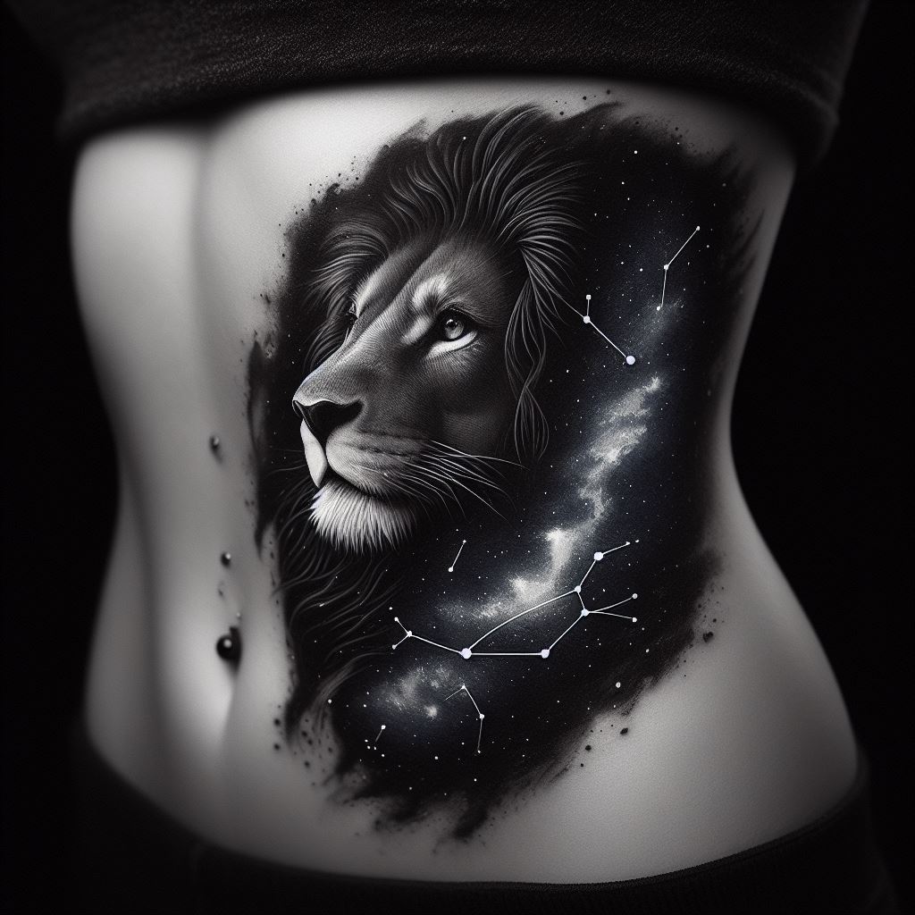 A captivating lion tattoo on the ribcage, illustrating a lion looking over its shoulder with a starry sky reflected in its eyes. The stars form constellations that hold personal significance to the wearer. This design merges the majesty of the natural world with the vastness of the universe, embodying introspection, wonder, and a connection to the cosmos.