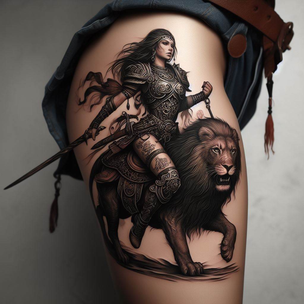 An empowering lion tattoo on the thigh, depicting a female warrior riding the back of a mighty lion. This design symbolizes strength, courage, and the power of partnership. The warrior is equipped with traditional armor and weapons, while the lion roars fiercely, ready to face any challenge. This tattoo celebrates the warrior spirit in all its forms.