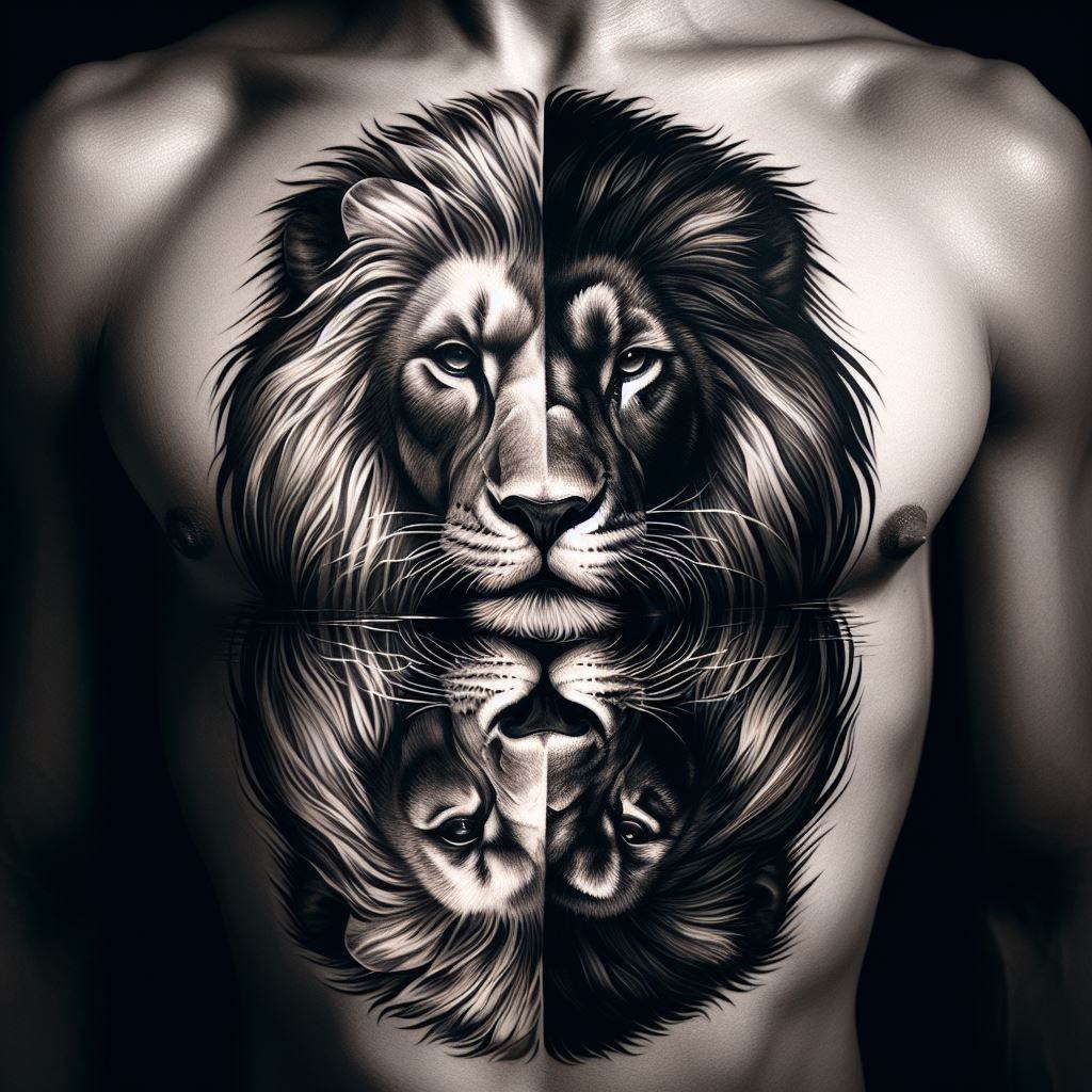 A reflective lion tattoo on the chest, with the lion’s face divided in half – one side serene and calm, the other fierce and aggressive. This design represents the duality of human nature, the balance of peace and rage within. The detailed expression in each half of the lion's face captures the complexity of emotions and the internal struggle for balance.