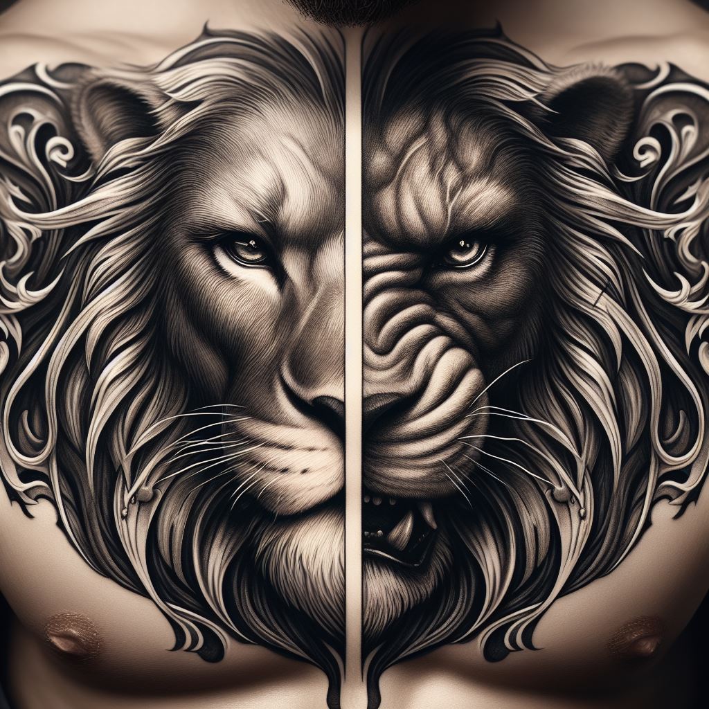 A reflective lion tattoo on the chest, with the lion’s face divided in half – one side serene and calm, the other fierce and aggressive. This design represents the duality of human nature, the balance of peace and rage within. The detailed expression in each half of the lion's face captures the complexity of emotions and the internal struggle for balance.