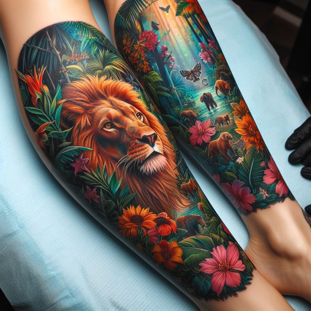 A vibrant lion tattoo on the calf, featuring the lion amidst a lush jungle scene. The background is filled with tropical foliage, colorful flowers, and hidden animals, creating a rich tapestry of life. This tattoo highlights the lion's role as a king of the jungle and symbolizes vitality, growth, and the interconnectedness of all living things.