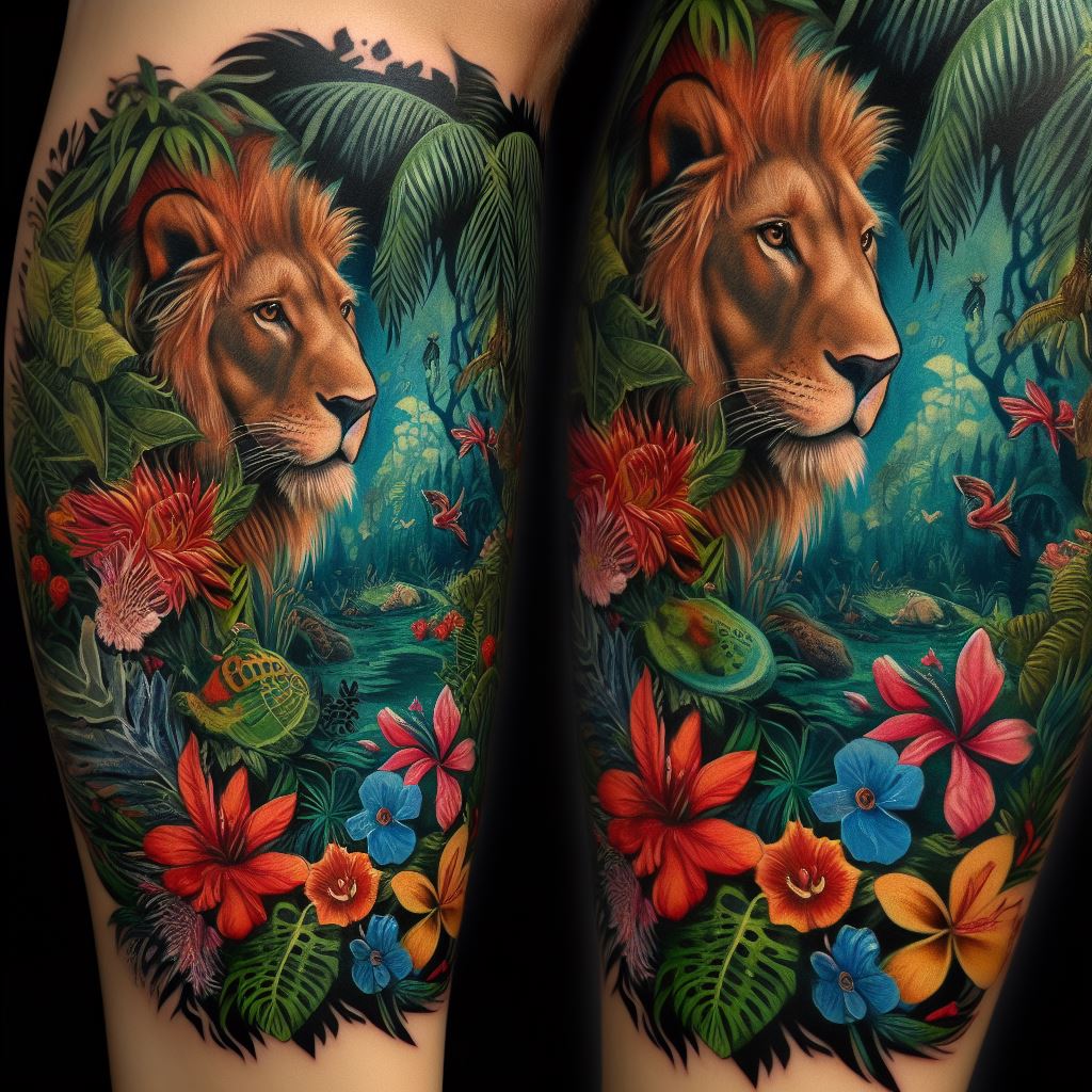 A vibrant lion tattoo on the calf, featuring the lion amidst a lush jungle scene. The background is filled with tropical foliage, colorful flowers, and hidden animals, creating a rich tapestry of life. This tattoo highlights the lion's role as a king of the jungle and symbolizes vitality, growth, and the interconnectedness of all living things.