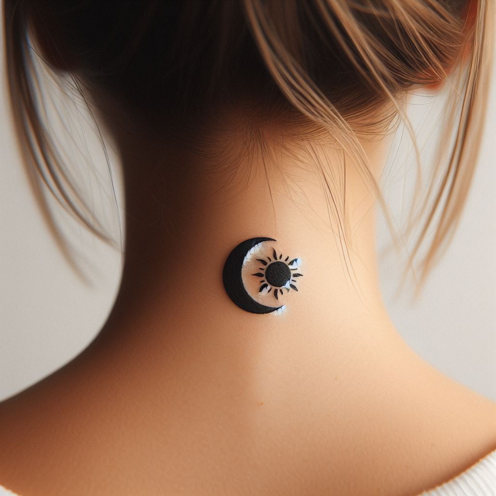 A small, minimalist design featuring a crescent moon cradling a tiny sun, located at the back of the neck just below the hairline. This design symbolizes the balance between opposites, such as day and night or yin and yang, and adds a mystical element to a discreet location.