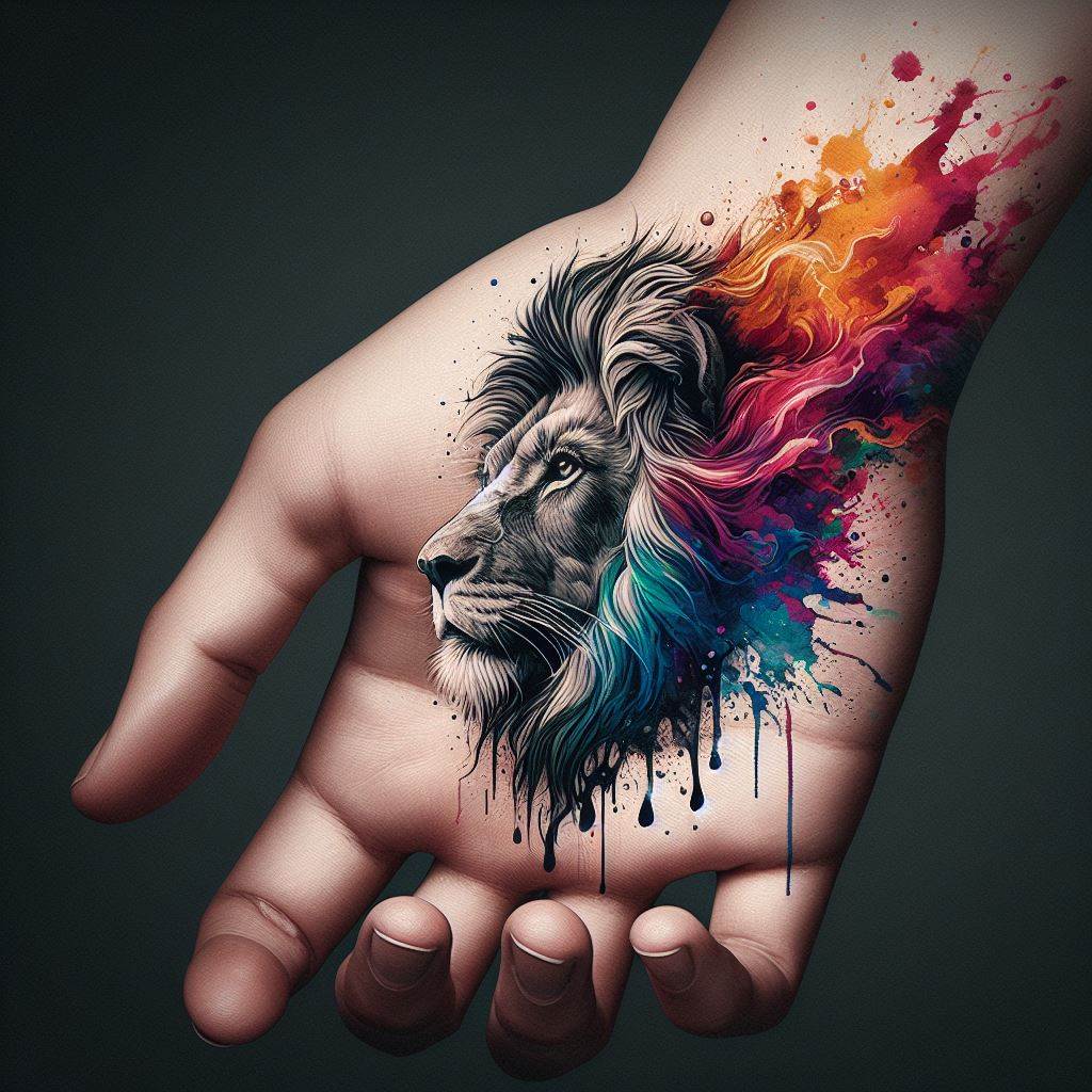 An artistic lion tattoo on the side of the hand, designed with a splash of watercolors that flow beyond the outline of the lion’s face. This technique creates a dynamic, fluid effect, symbolizing creativity, emotional release, and the merging of strength with the beauty of art. The choice of colors can be personalized to reflect the wearer's emotions or characteristics.