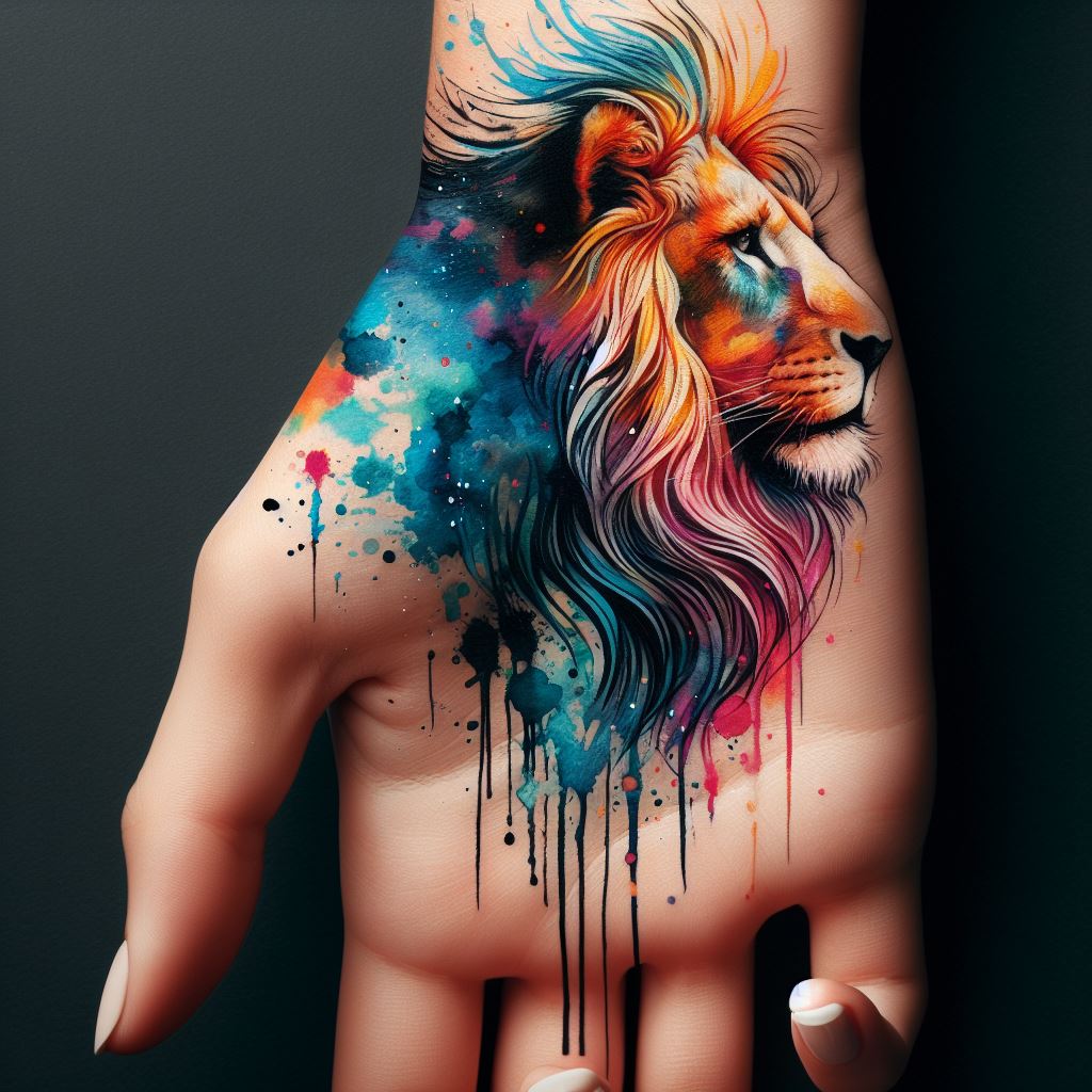 An artistic lion tattoo on the side of the hand, designed with a splash of watercolors that flow beyond the outline of the lion’s face. This technique creates a dynamic, fluid effect, symbolizing creativity, emotional release, and the merging of strength with the beauty of art. The choice of colors can be personalized to reflect the wearer's emotions or characteristics.