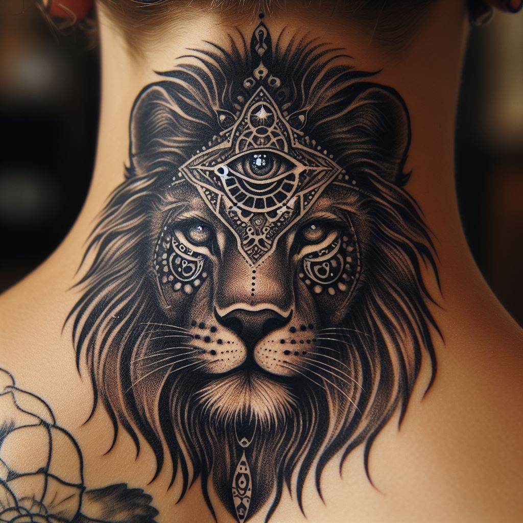 A mystical lion tattoo on the back of the neck, where the lion is portrayed with a third eye on its forehead. This eye is detailed with intricate patterns and symbols, representing intuition, insight, and spiritual vision. The tattoo suggests a deeper connection to the unseen world and the wisdom to see beyond the physical realm.