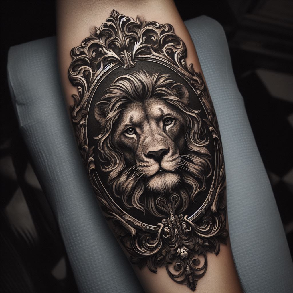 A timeless lion tattoo on the forearm, encased within an ornate, antique frame. The lion's gaze is noble and steadfast, surrounded by baroque details and filigree that lend an air of elegance and grandeur. This tattoo blends the classic with the modern, symbolizing the enduring nature of strength and leadership across generations.