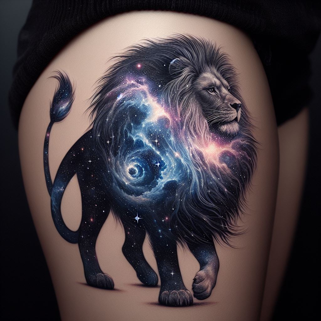 An ethereal lion tattoo on the upper thigh, illustrating a lion made entirely of cosmic dust and stars, with galaxies swirling within its mane. This design emphasizes the connection between the natural world and the universe, showcasing the lion as a celestial guardian. The tattoo's shading and color palette are rich in blues, purples, and silvers, creating a mesmerizing effect that captures the beauty of the cosmos.