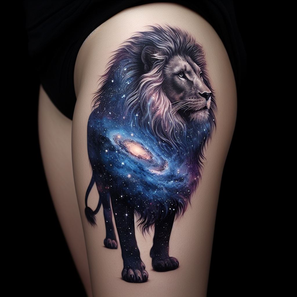 An ethereal lion tattoo on the upper thigh, illustrating a lion made entirely of cosmic dust and stars, with galaxies swirling within its mane. This design emphasizes the connection between the natural world and the universe, showcasing the lion as a celestial guardian. The tattoo's shading and color palette are rich in blues, purples, and silvers, creating a mesmerizing effect that captures the beauty of the cosmos.