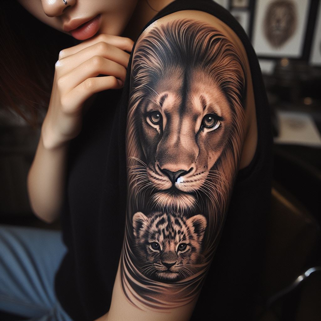 A protective lion tattoo on the forearm, depicting a lioness with her cub nestled under her chin. The tattoo focuses on the theme of motherhood, protection, and the fierce bond between parent and child. The lioness's eyes are filled with determination and love, rendered with such detail that they seem to pierce through to the viewer, making a powerful statement about family and strength.