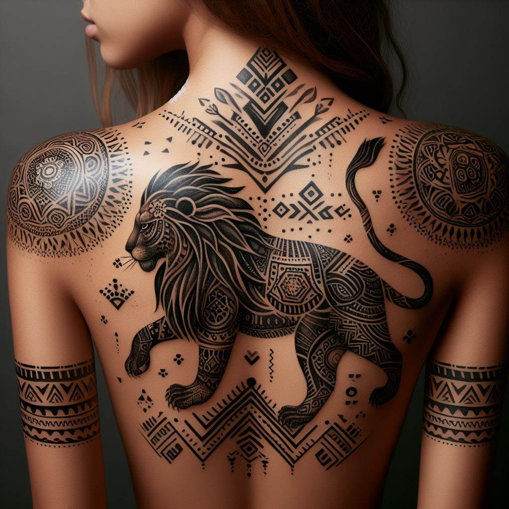 An ancestral lion tattoo across the shoulders, featuring a lion's silhouette filled with tribal patterns and symbols that trace back to the wearer's heritage. This design connects the individual to their roots and traditions, with the lion symbolizing the pride and resilience carried through generations. The intricate tribal motifs are carefully placed to tell a story of lineage and belonging.