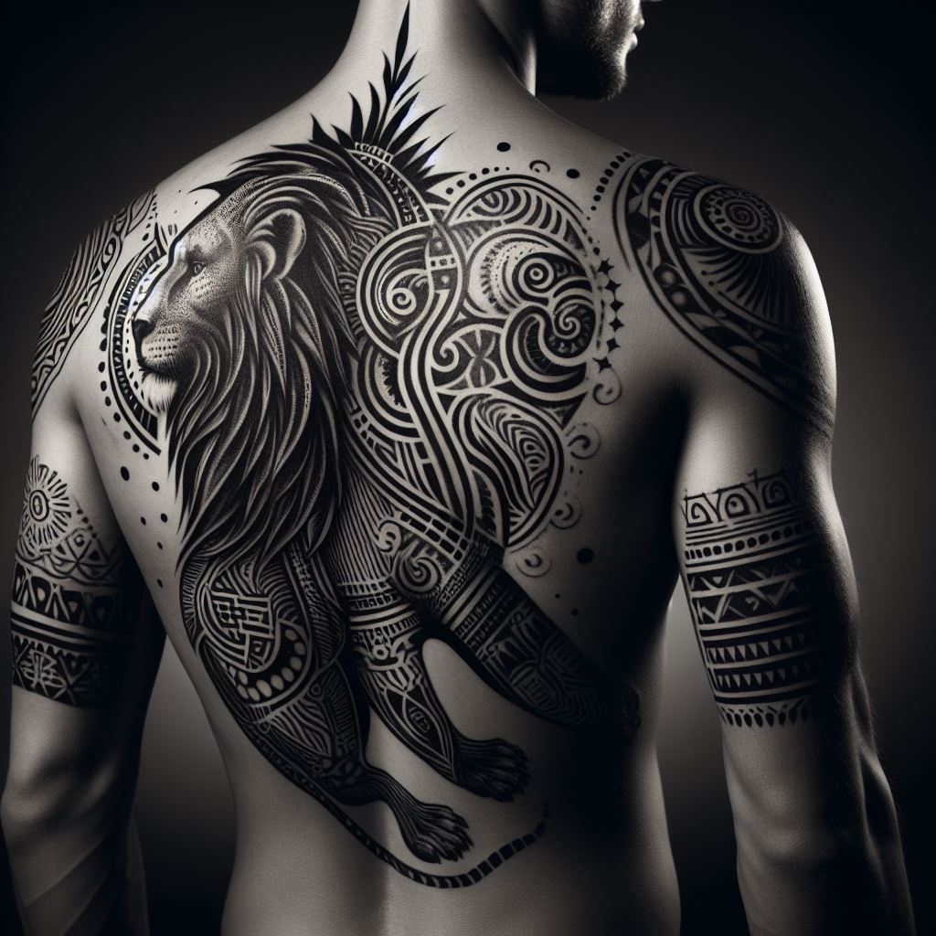 An ancestral lion tattoo across the shoulders, featuring a lion's silhouette filled with tribal patterns and symbols that trace back to the wearer's heritage. This design connects the individual to their roots and traditions, with the lion symbolizing the pride and resilience carried through generations. The intricate tribal motifs are carefully placed to tell a story of lineage and belonging.