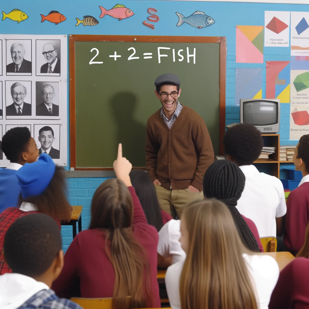 A middle school classroom with a math equation on the board reading '2 + 2 = Fish', implying a humorous misunderstanding of basic math. A group of students in the foreground are laughing, with one pointing at the equation. The classroom is colorful, with posters of famous mathematicians and various geometric shapes hanging on the walls.