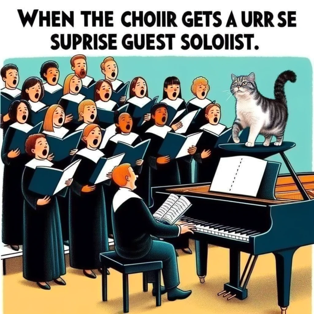 A hilarious image of a choir trying to sing while a cat walks across the piano keys, adding its own "solo" to the performance. The caption reads, "When the choir gets a surprise guest soloist."