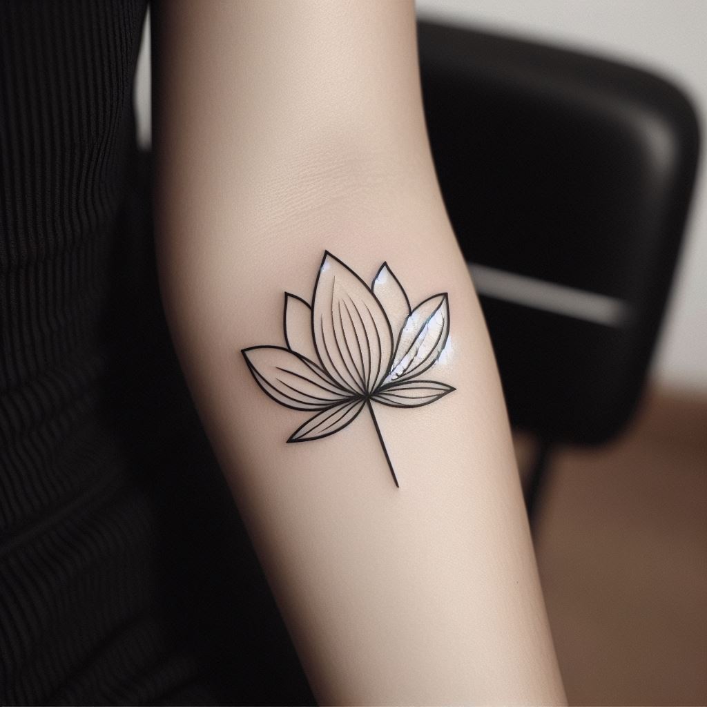 A minimalist lotus flower tattoo, with a simple outline and minimal shading, positioned on the inner elbow. The petals should be evenly spaced, creating a sense of openness and purity. The lotus flower is a symbol of purity, enlightenment, and rebirth, making it a meaningful choice for a minimalist tattoo.